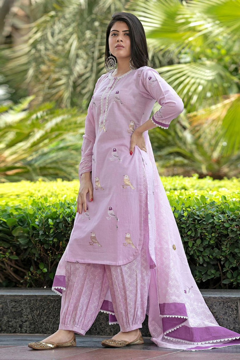 Sundari Suit Lavender Bird Motif Cotton Kurti Set