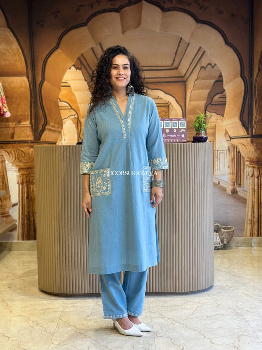 Sundari Suit Elegant Sky Blue Embroidered Cotton Kurta Set