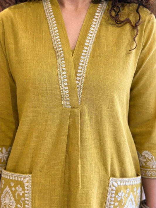 Sundari Suit Mustard Yellow Cotton Kurta With White Embroidery