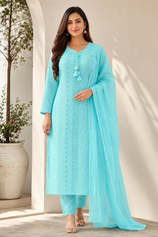 Premium Sea Blue Embroidered Kurti Pant Dupatta Set