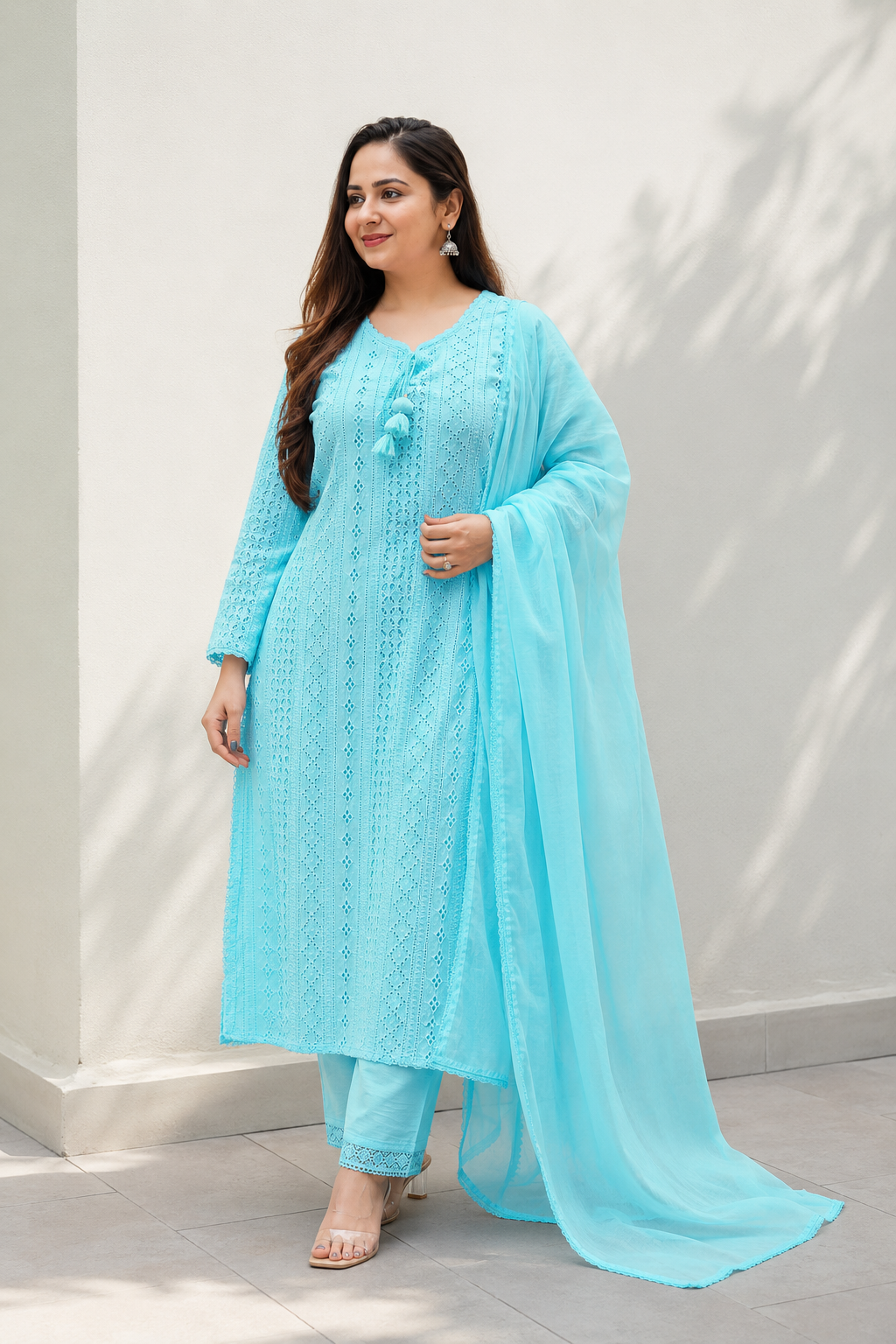 Premium Sea Blue Embroidered Kurti Pant Dupatta Set