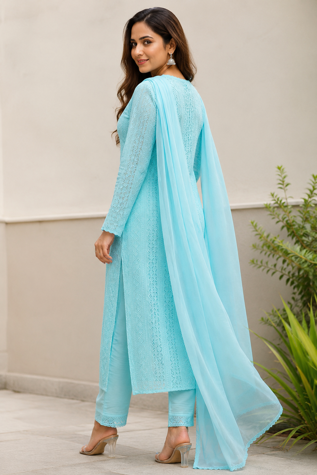 Premium Sea Blue Embroidered Kurti Pant Dupatta Set