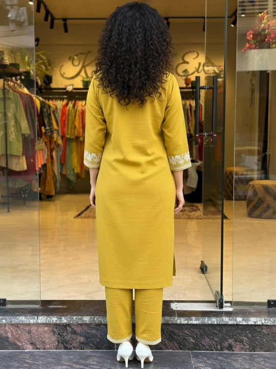 Sundari Suit Mustard Yellow Cotton Kurta With White Embroidery
