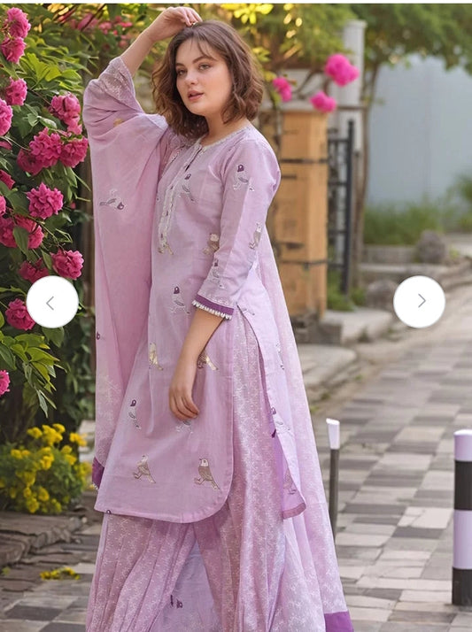 Sundari Suit Lavender Bird Motif Cotton Kurti Set