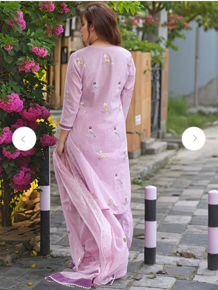 Sundari Suit Lavender Bird Motif Cotton Kurti Set