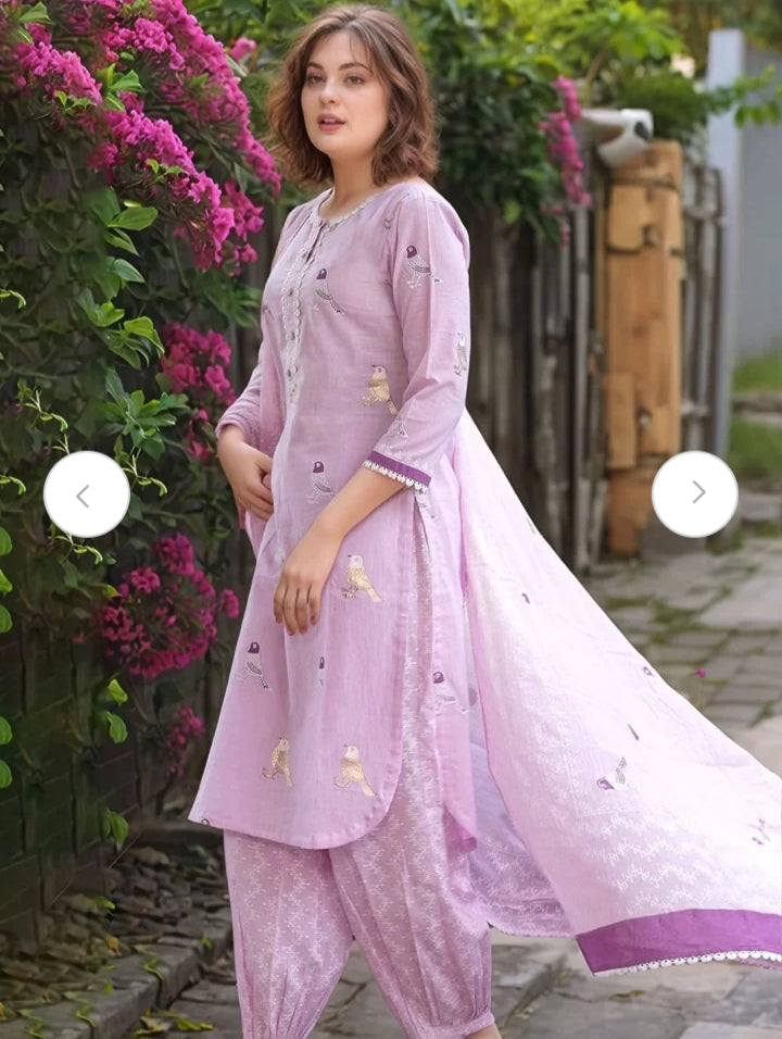 Sundari Suit Lavender Bird Motif Cotton Kurti Set