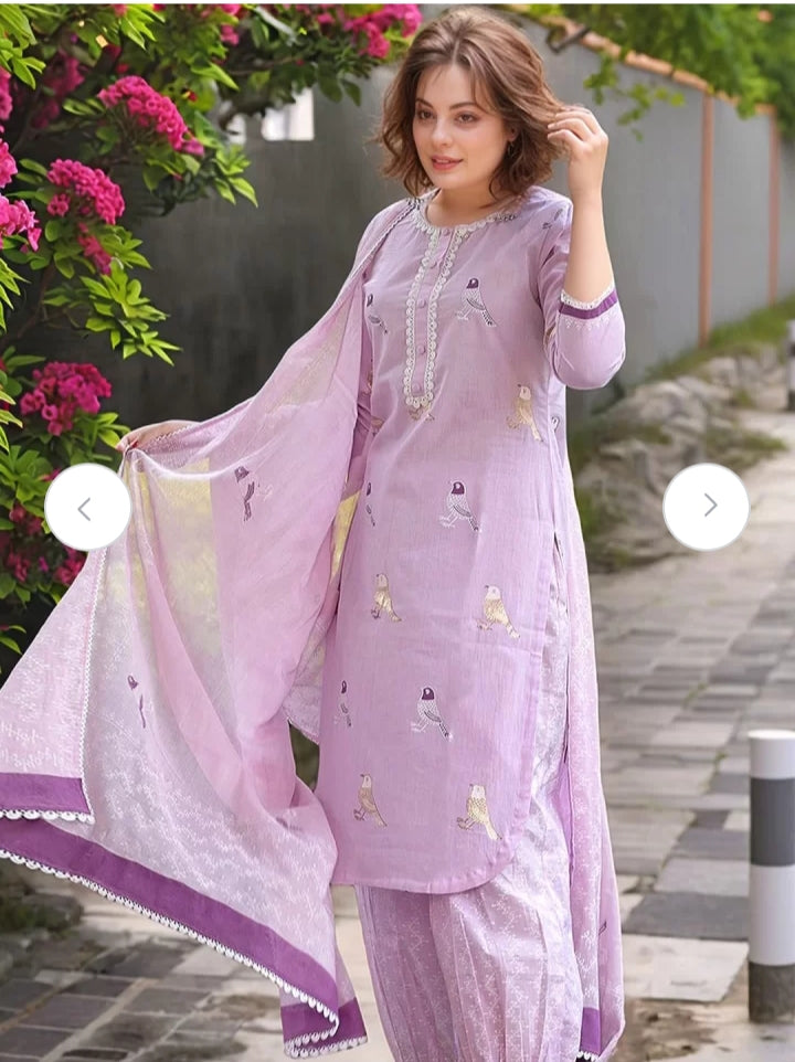 Sundari Suit Lavender Bird Motif Cotton Kurti Set