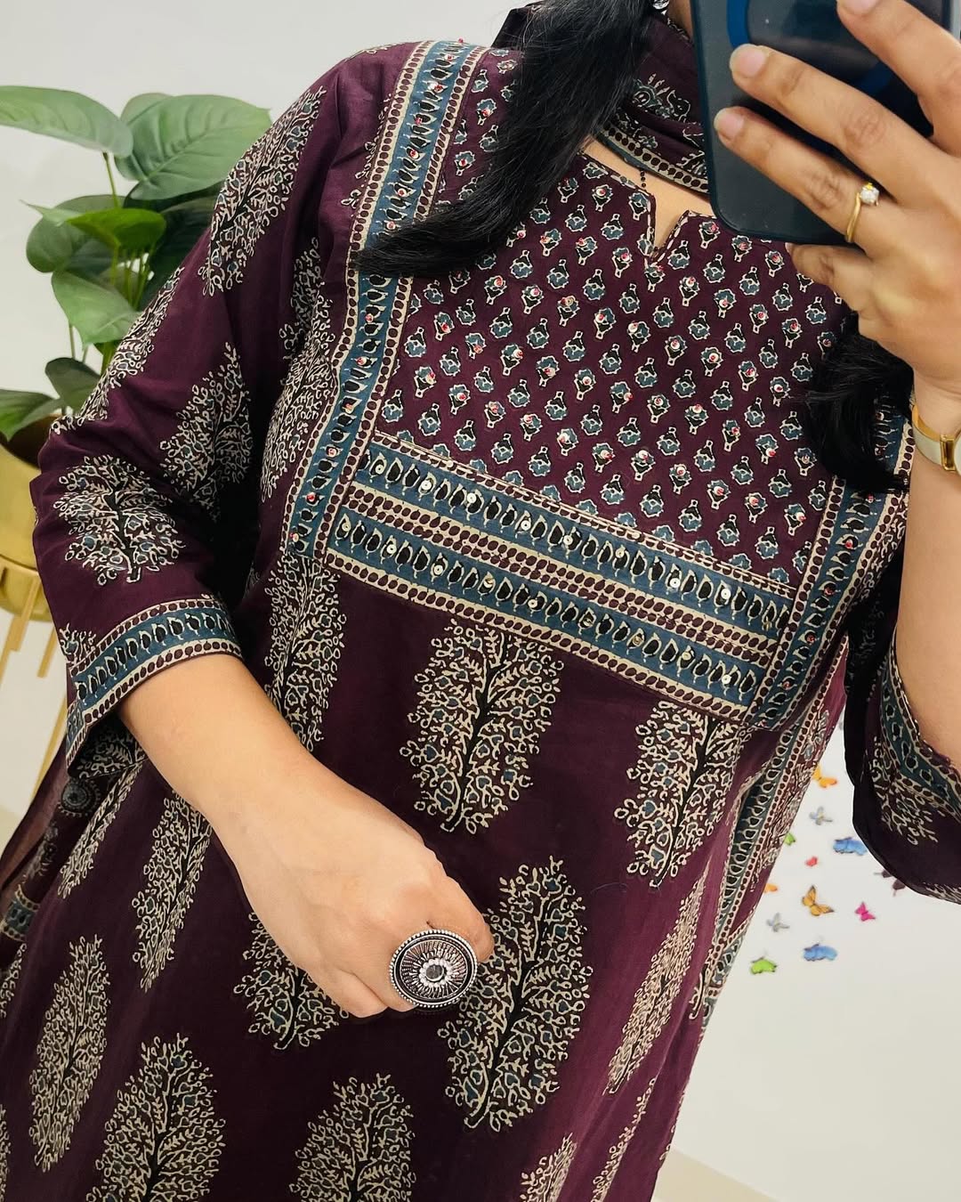 Wine Ajrakh Printed Kurta Pant Dupatta Set