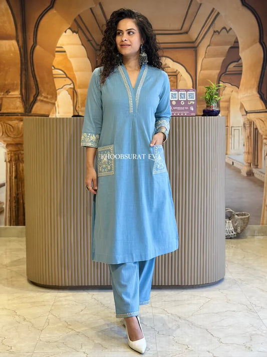 Sundari Suit Elegant Sky Blue Embroidered Cotton Kurta Set