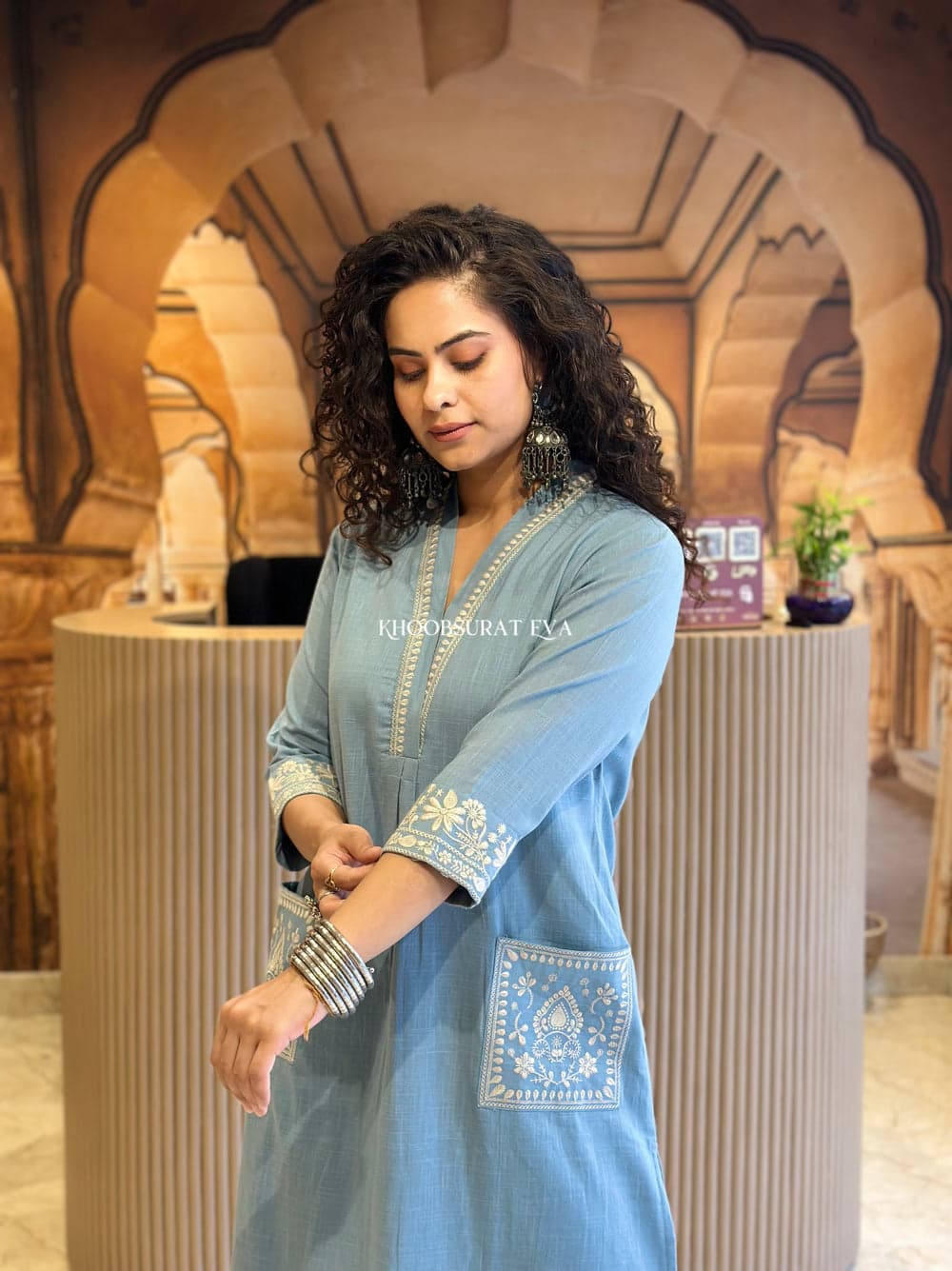Sundari Suit Elegant Sky Blue Embroidered Cotton Kurta Set