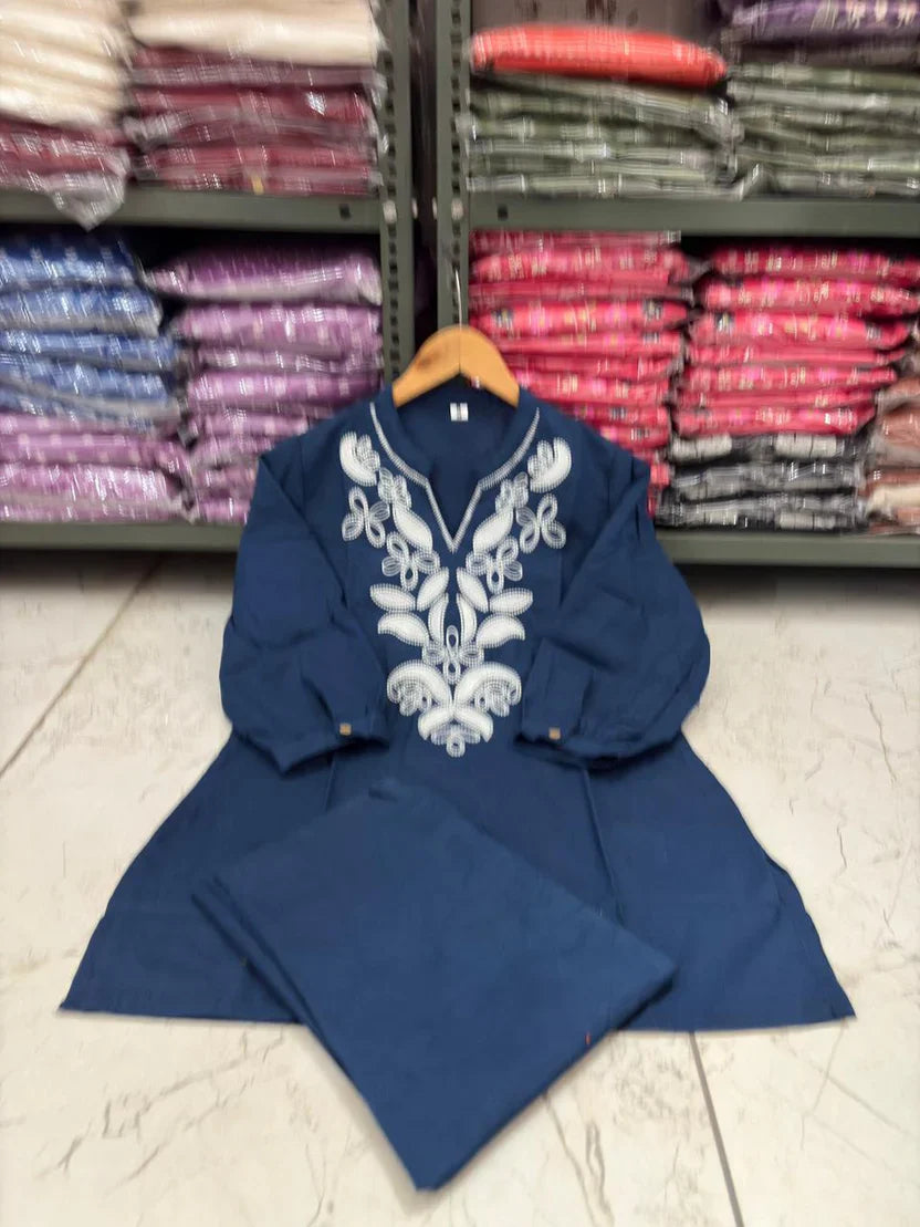 Royal Blue Cotton Embroidered Co-Ord Set for Women