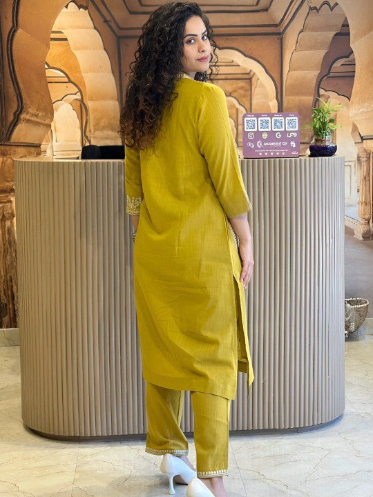 Sundari Suit Mustard Yellow Cotton Kurta With White Embroidery