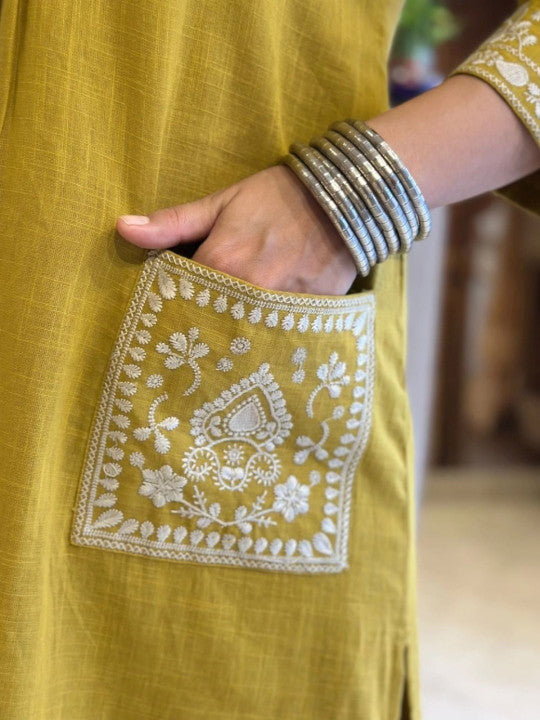 Sundari Suit Mustard Yellow Cotton Kurta With White Embroidery