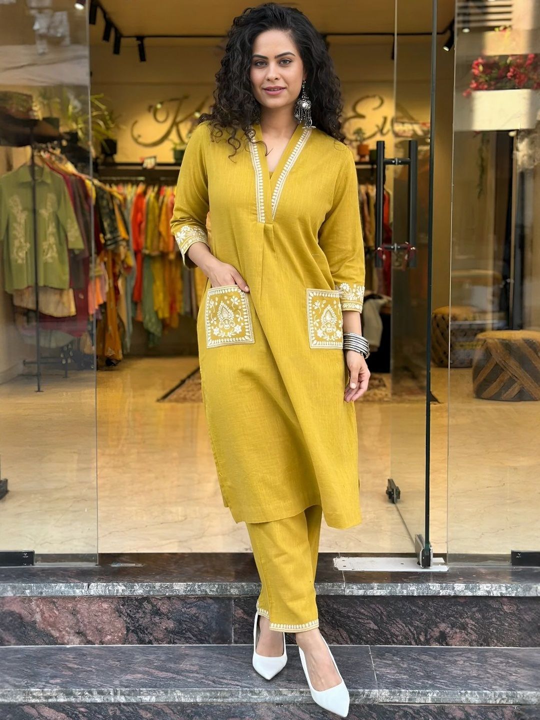 Sundari Suit Mustard Yellow Cotton Kurta With White Embroidery